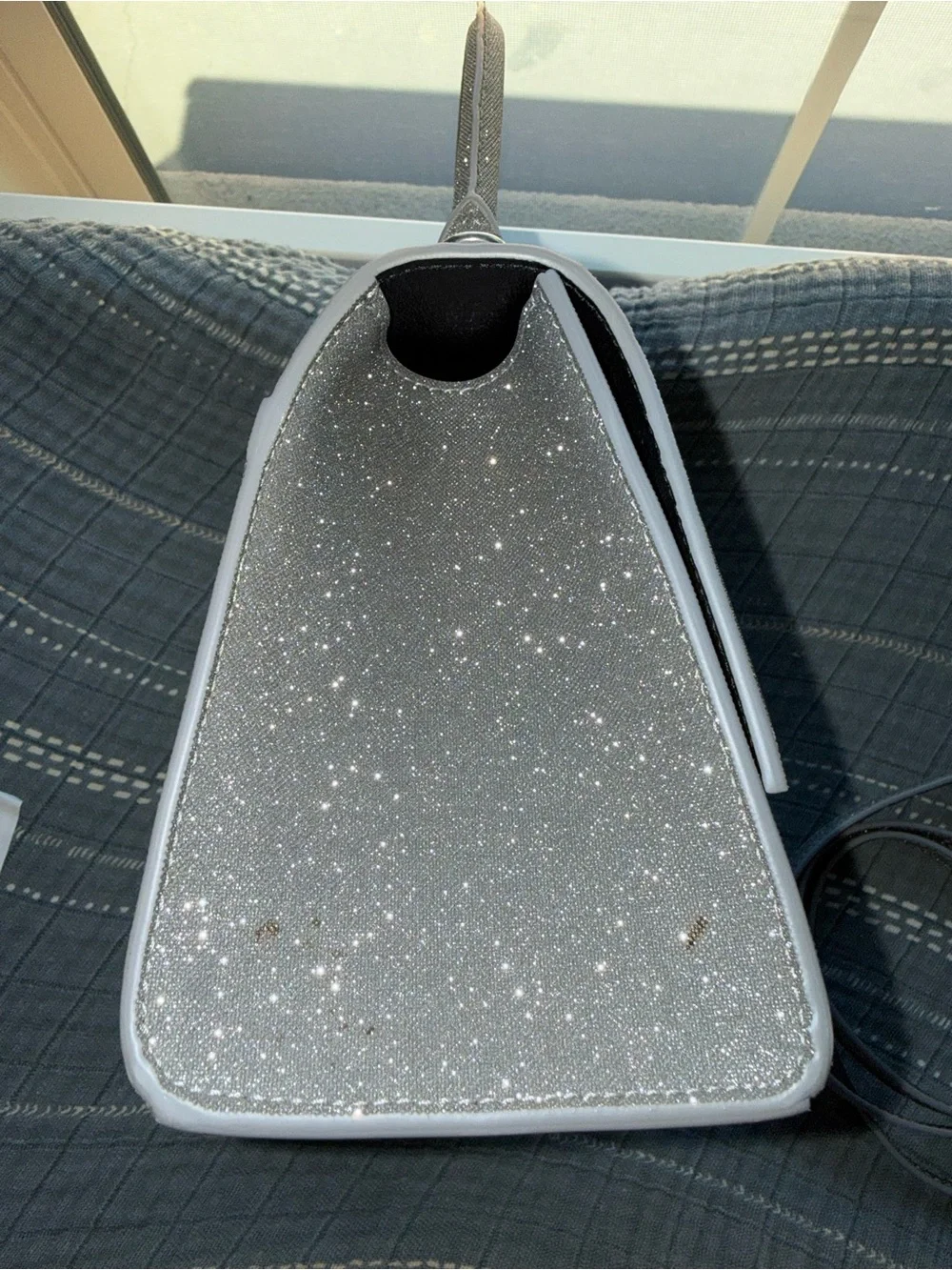 BALENCIAGA
Silver Glitter Fabric Hourglass Small Top Handle Bag - Picture 3 of 9